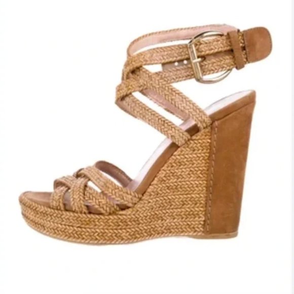 Stuart Weitzman Shoes - Stuart Weitzman Reins Camel Braided Leather Wedge